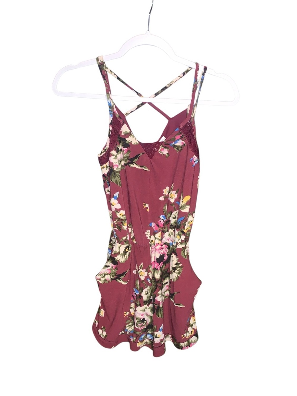 Xhilaration Burgundy Floral Strappy Juniors Romper Pockets Double Straps